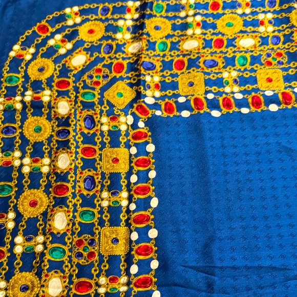 Authentic CHANEL Blue Scarf with Gold and Red Accents